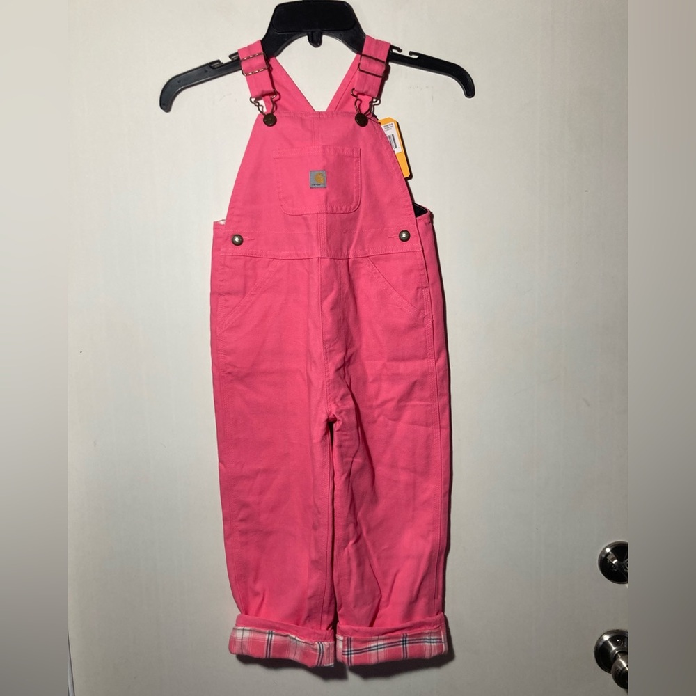 NWT Carhartt Girls Flannel Lined Canvas Overalls Loose Fit Medium Pink Size 4T